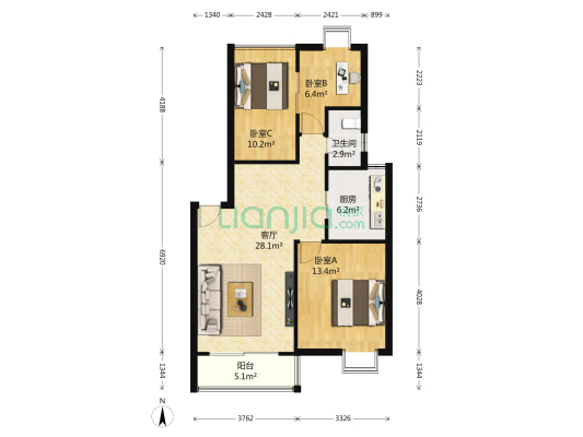 花雨南庭 3室1厅1卫 87平方