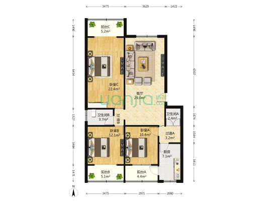 永丰路3号 3室1厅2卫 130平方