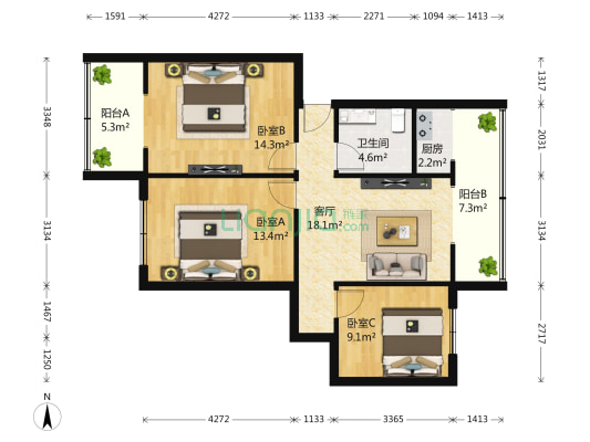 海椒市街13号 3室1厅1卫 87平方