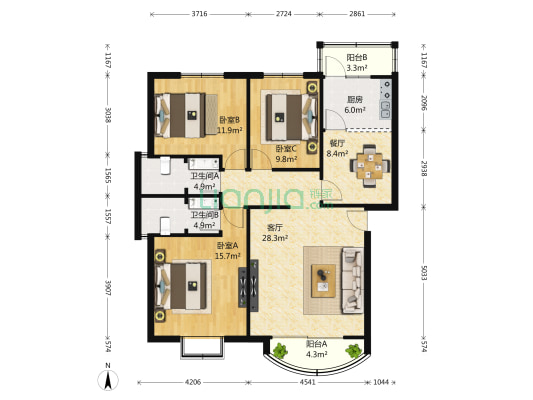 金地花园 3室2厅2卫 124平方