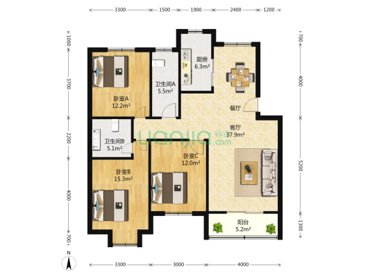 凌桥苑 3室2厅2卫 118平方