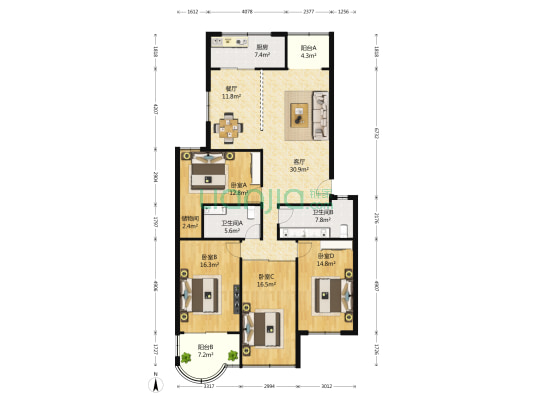 大众日报社第三宿舍东区 4室2厅2卫 181平方
