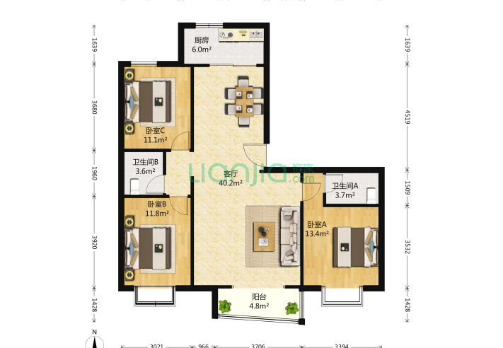 3室1厅2卫120.22㎡-北京京汉旭城户型图