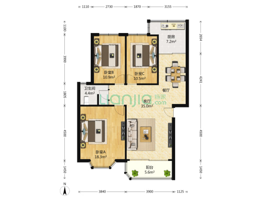 东方城旭日园 3室1厅1卫 121平方