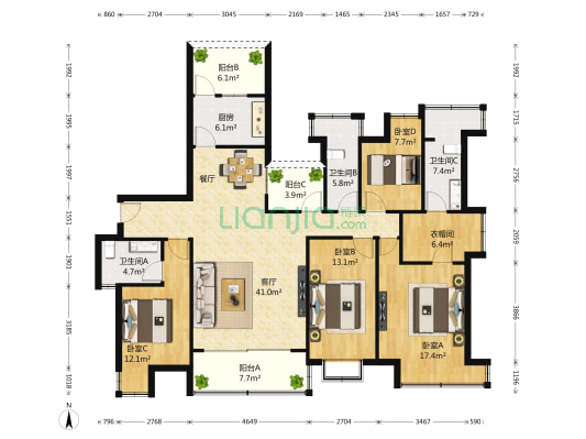 海岸城郦园 4室1厅3卫 130平方