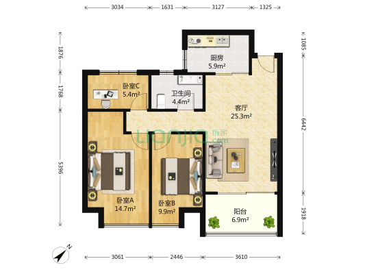 万达华府 3室1厅1卫 98平方