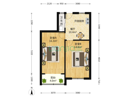 中山北路2626弄 2室1厅1卫 60平方