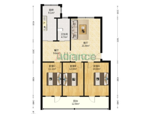 双塔明厨明卫 南北三居室 房本满五集中供暖-户型图