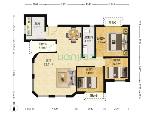 万科城二期 3室1厅1卫 89平方