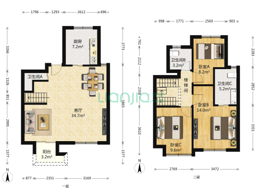 上海院子 3室1厅3卫 120平方