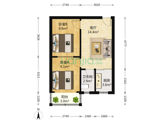 中建二局南区 2室1厅1卫 59平方