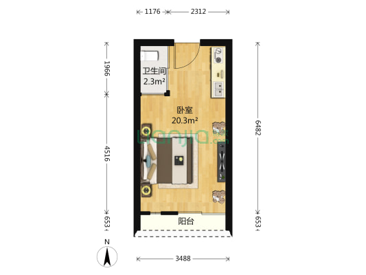 博客公寓 1室1厅 530万