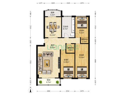 融泰花园 3室2厅1卫 126平方