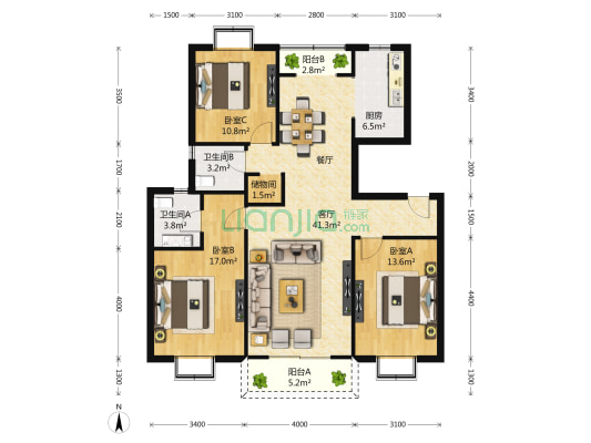 丰华家园 3室2厅2卫 144平方