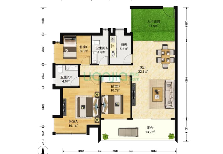 圣淘沙骏园 3室1厅2卫 105㎡ 户型