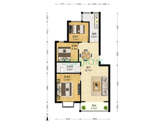 双星海华山景 3室1厅1卫 102平方