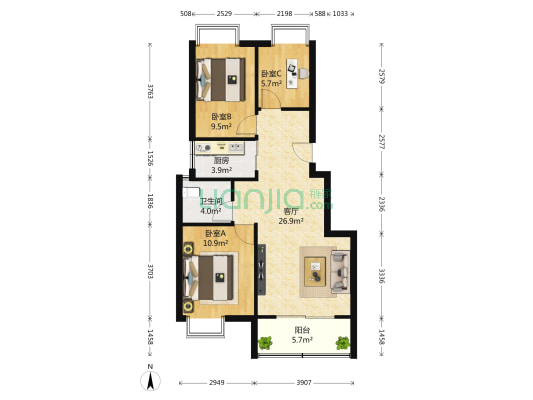 新城尚座花园 3室1厅1卫 89平方