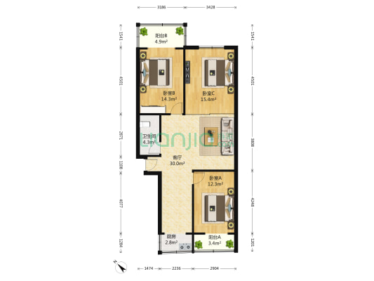 过街楼街98号 3室1厅1卫 102平方