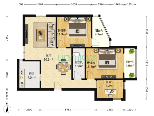 怡景花园 3室1厅1卫 113平方