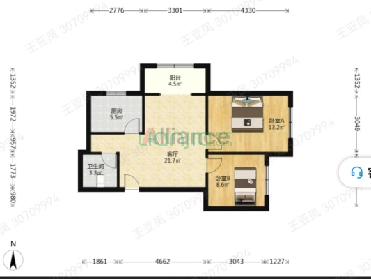 牛津花园70年大产权精装东北向两居-户型图