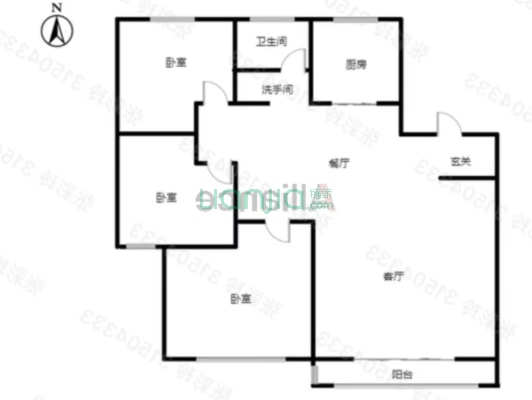 平安小区六号院 3室2厅 南 北-户型图