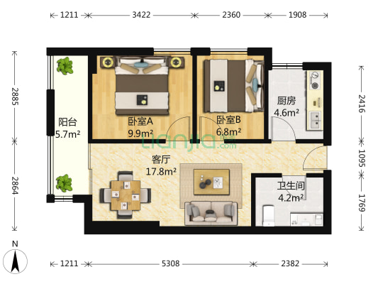 阳光城天澜道11号 2室1厅1卫 72平方