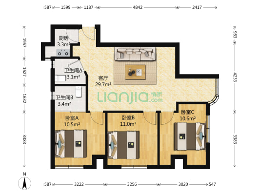 恒通国际大厦 3室1厅2卫 111平方