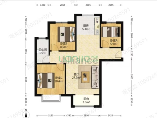 新上香邑溪谷 南北通透三居室 业主诚意出售-户型图