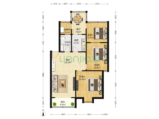 鑫都公寓 3室2厅1卫 90平方