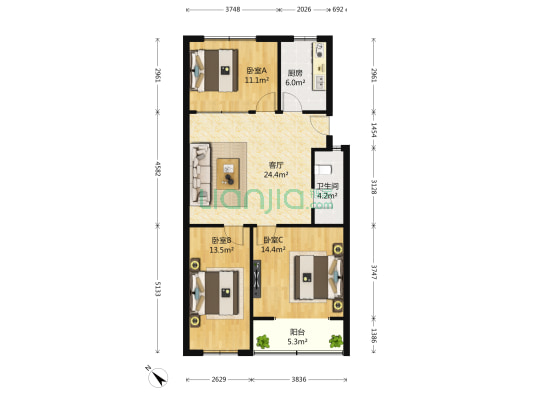 红星路一段44号 3室1厅1卫 90平方