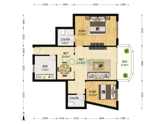 花园大厦 2室2厅2卫 116平方
