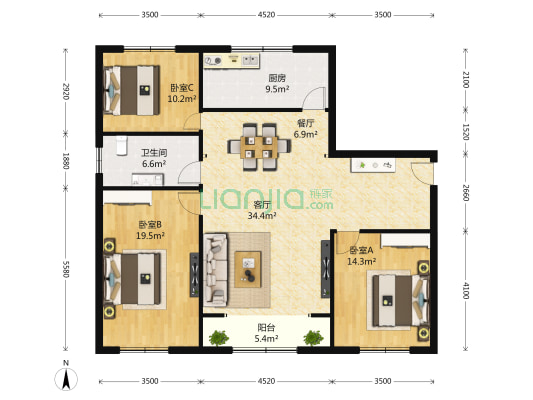 建宇公寓 3室2厅1卫 150平方