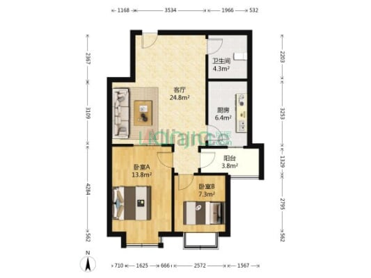 南北通透两居室，中间楼层，采光好。业主靠谱-户型图
