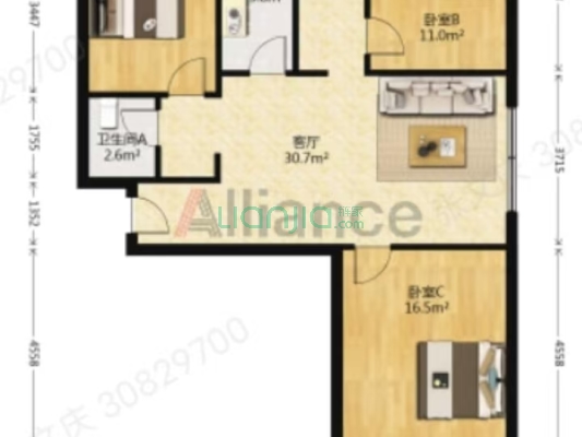 温莎假日二期高层公寓 3室2厅 南 北-户型图