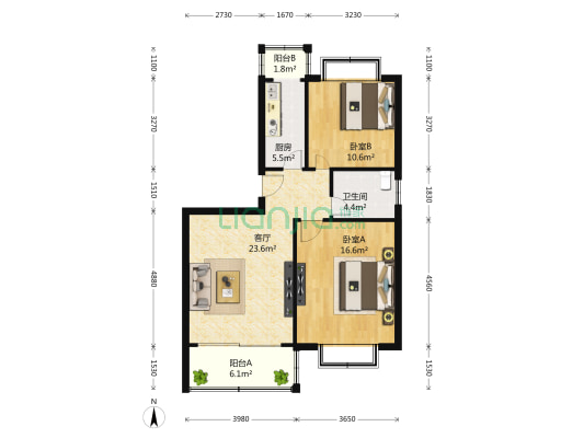 恒凌公寓 2室1厅1卫 87平方