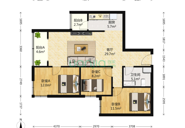 乐城3室1厅1卫 105㎡ 户型