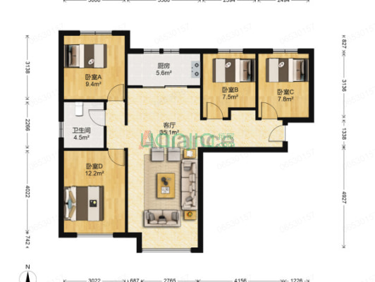 鸿坤理想湾南区 4室2厅 南 北-户型图