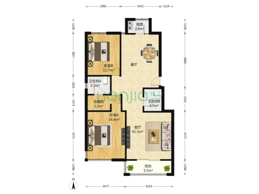 天房天和园 2室1厅2卫 115平方