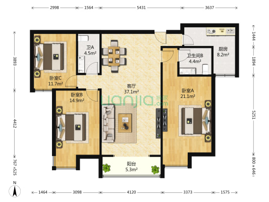 万科金域蓝湾 3室1厅2卫 140平方