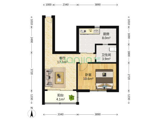 宝立公寓 1室1厅1卫 57平方