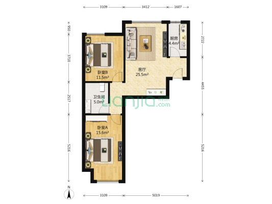 华业东方玫瑰A区 2室1厅1卫 87平方