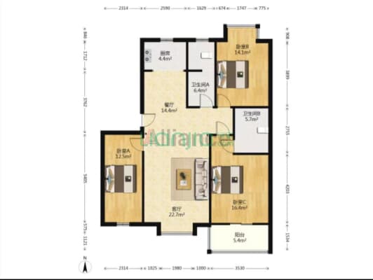 德信公园旁 毛坯房双卫三居 中间楼层 生活设施齐全-户型图