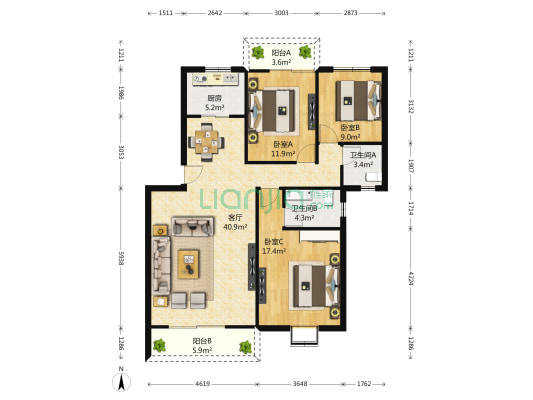 湖明丽景 3室1厅2卫 119平方