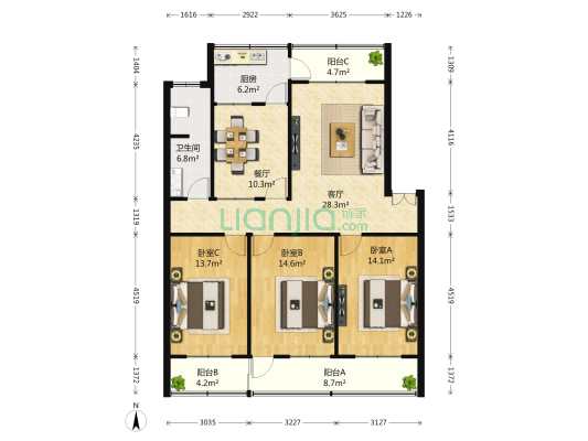 历山路8号院 3室2厅1卫 141平方