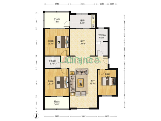 三样户型，南北通透，双阳台，小区停车方便-户型图
