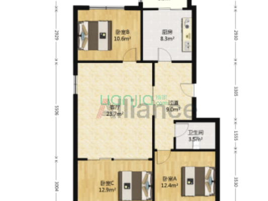 市直小区 三层 南北三居 市医院北侧-户型图