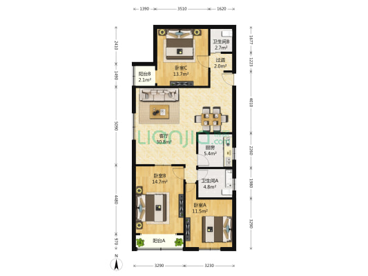 嘉发大厦 3室1厅2卫 142平方