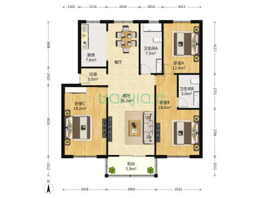 海志花苑 3室1厅2卫 140平方