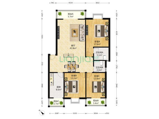雨竹居 3室1厅2卫 139平方
