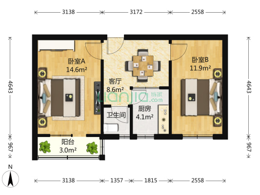 二轻局宿舍 2室1厅1卫 58平方